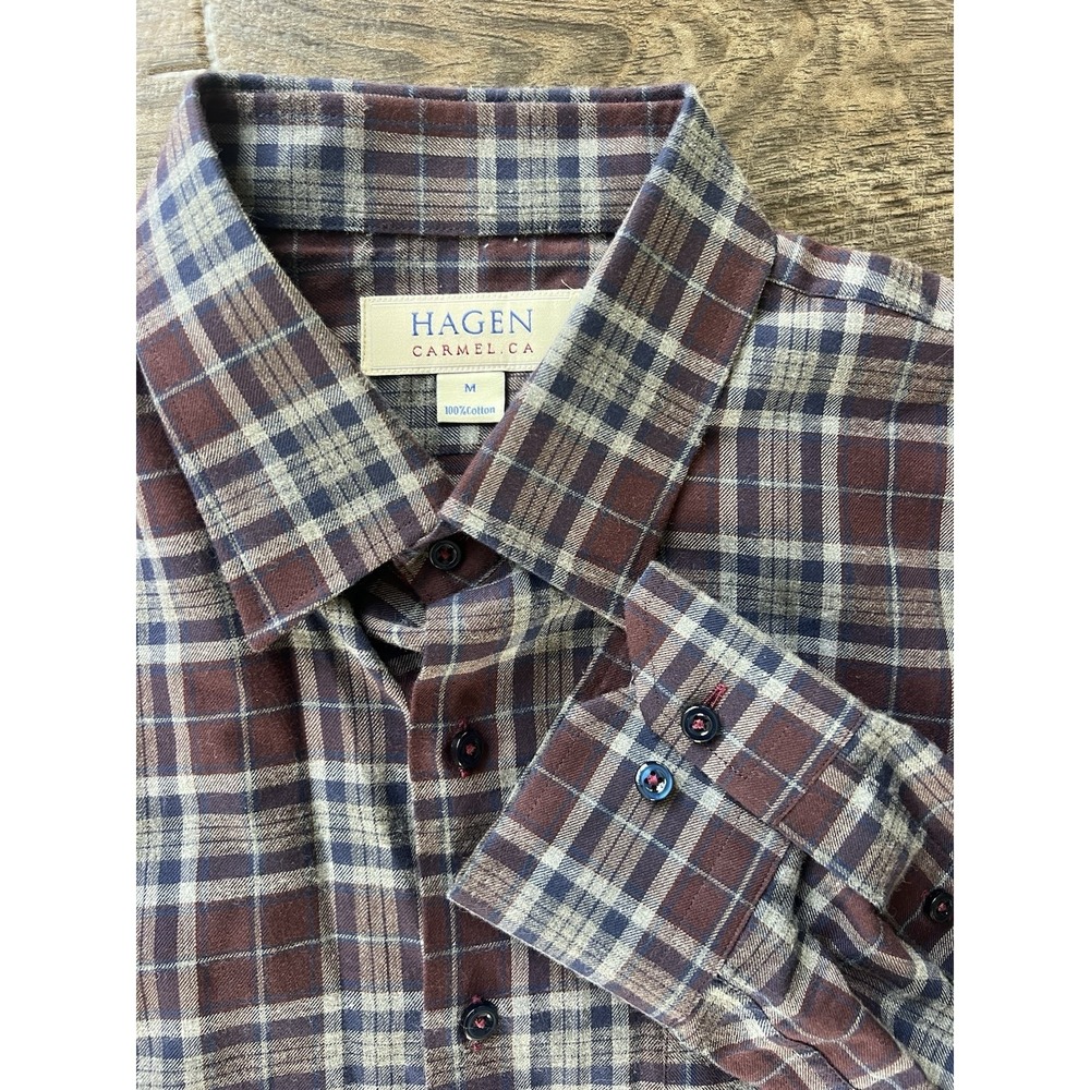 Hagen Button Up Shirt CARMEL FIT Men's Size Medium M Brown Blue CHECK Cotton